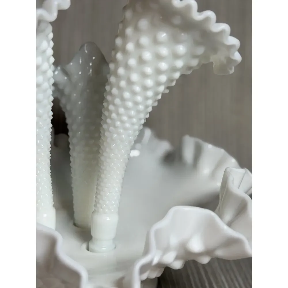 Vtg Fenton Milk Glass Hobnail 3 Horn Epergne Centerpiece Ruffled Trumpet Vase